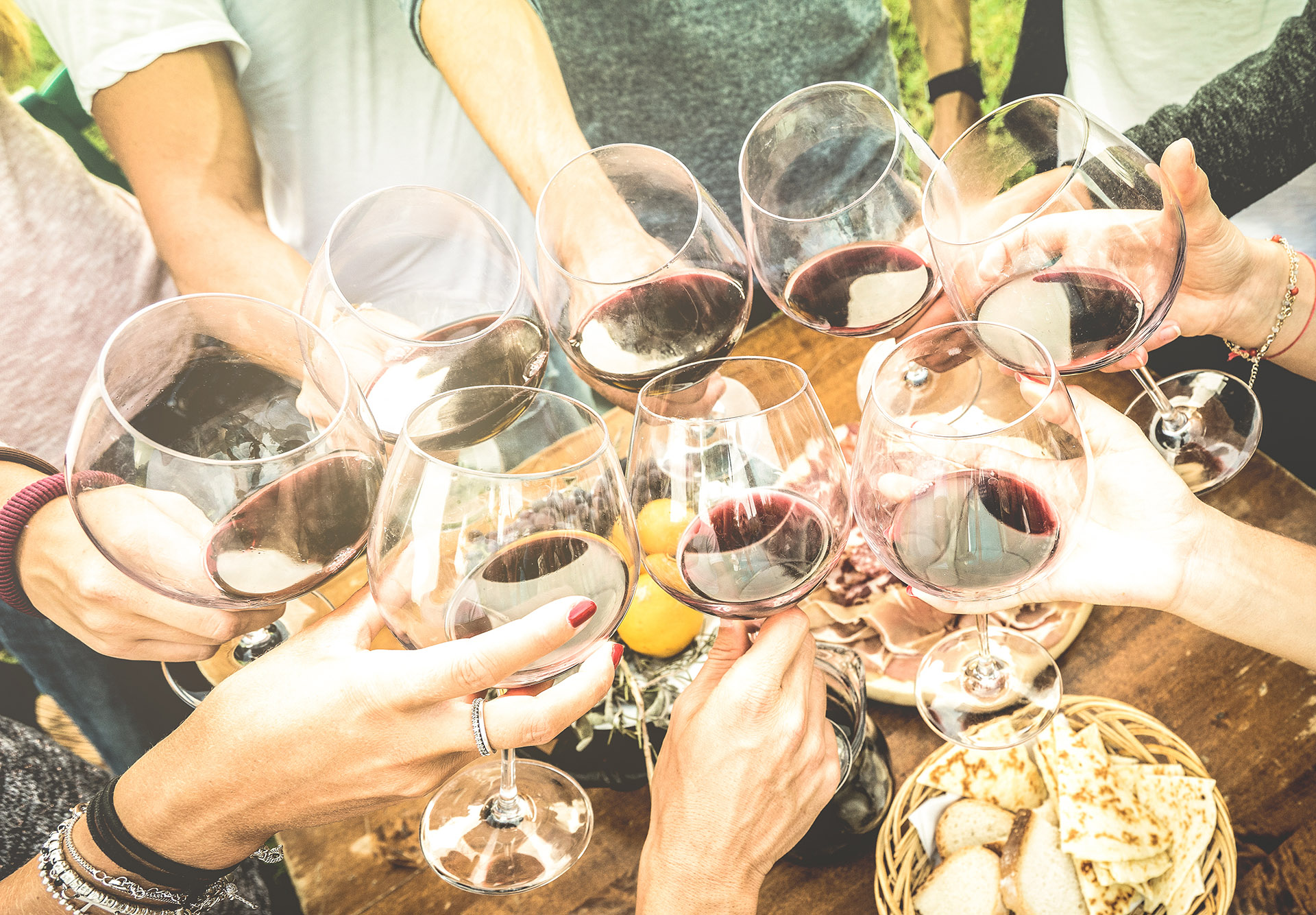 Hands toasting red wine glass and friends having fun cheering at  winetasting experience - Young people enjoying harvest time together at  farmhouse vin Stock Photo - Alamy